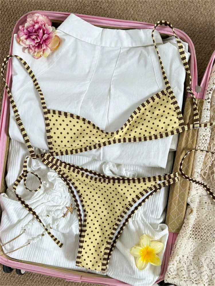 Sexy Yellow Polka Dot Print Micro Bikini 2026 Women Pleate Push Up Bra Hollow Out Thong Swimsuit Beach Bathing Suit Swimwear