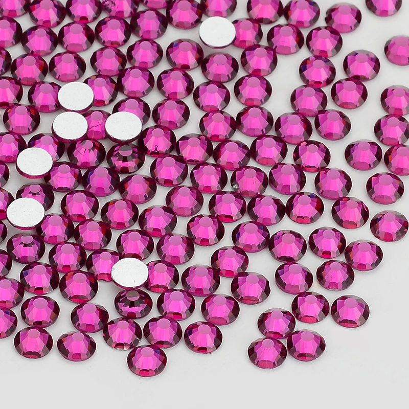 All Size SS3-SS60 Fuchsia Glass Flatback Rhinestone Glitter Red Round Silver Bottom Glue On Crystal Diamond for Nail Art Crafts