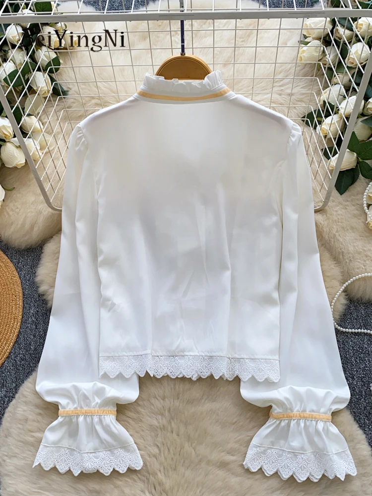Beiyingni Casual Nieuwe Mode Vrouwelijke Tops Luxe Kpop Boog Kant Patchwork Volledige Mouw Shirts voor Vrouwen Effen Herfst Franse Blusas