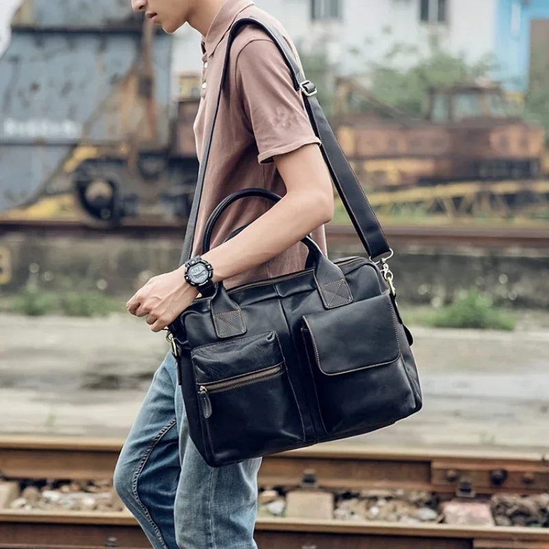 Bolso para ordenador portátil de cuero de vaca auténtico de alta calidad para hombre, maletín de viaje y bolso de mensajero, bolso de cuero de negocios