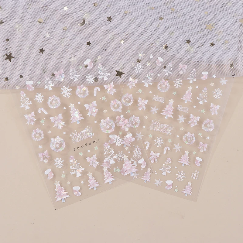 Christmas Nail Stickers Shiny Seashells Light Nail Art Parts Stickers Cute Snowflakes Star Wreath Nail Decorations Decals