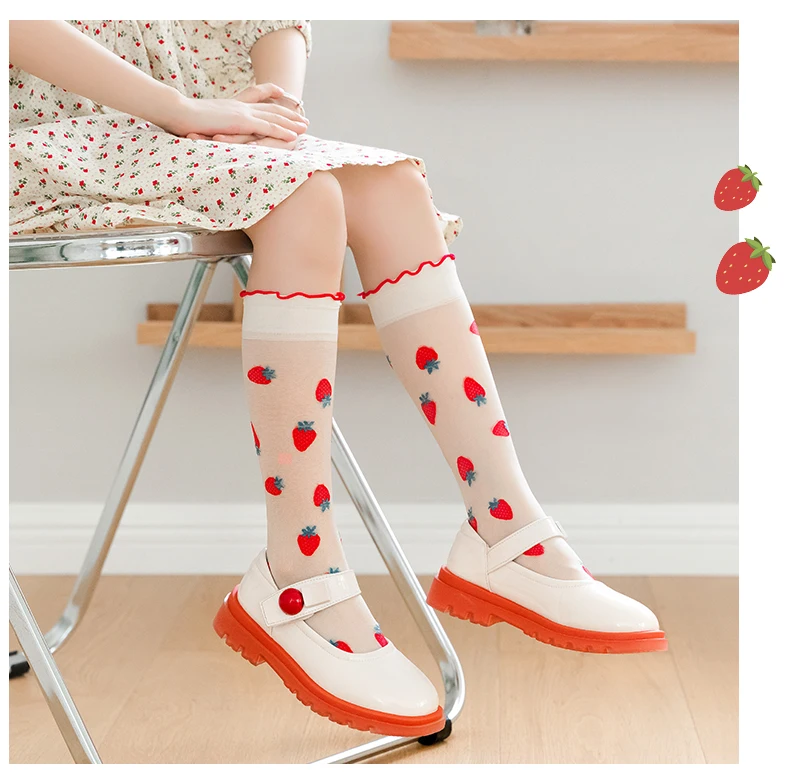 Rüschen-Kawaii-Baby-Kinder-Socken mit Blumenstickerei, Lolita-Prinzessin-Mädchen, Niedliche Erdbeer-Ultra-Dünne Overknee-Socken – Detail 7
