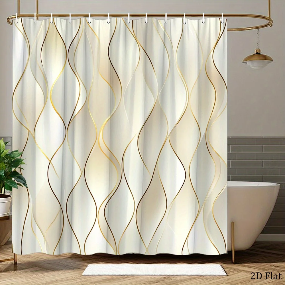 1pc Luxurious Minimalist Shower Curtain with Fluid Lines & Cream Gradient - Bath Curtain Suitable for Modern Bathrooms, Elegant