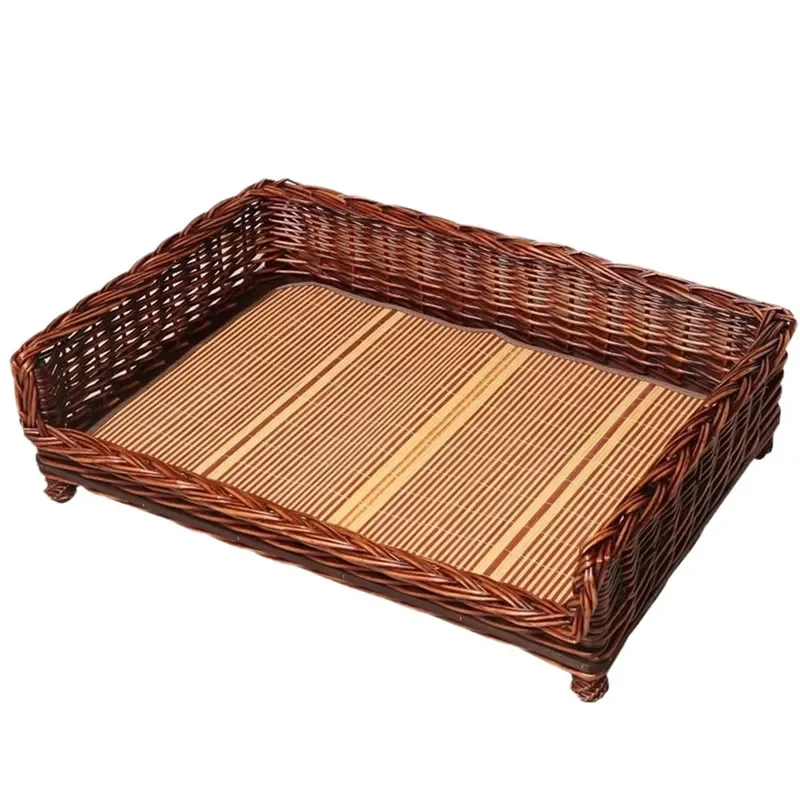 Woven Rattan Dog Bed Medium Large Washable Pet Nest for Teddy Golden Retriever Cat All Season Indoor Furniture