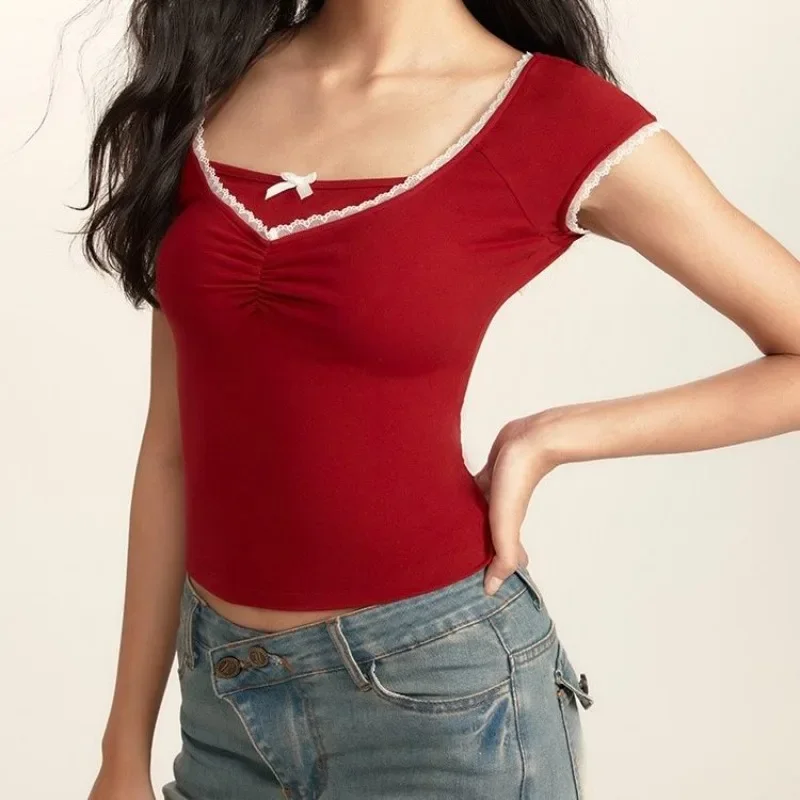 Vintage American Slim Waist Tshirts Women Lace Ruched V Neck Tees Fake Two Piece Camisetas Bow Y2k Crop Tops Hotsweet