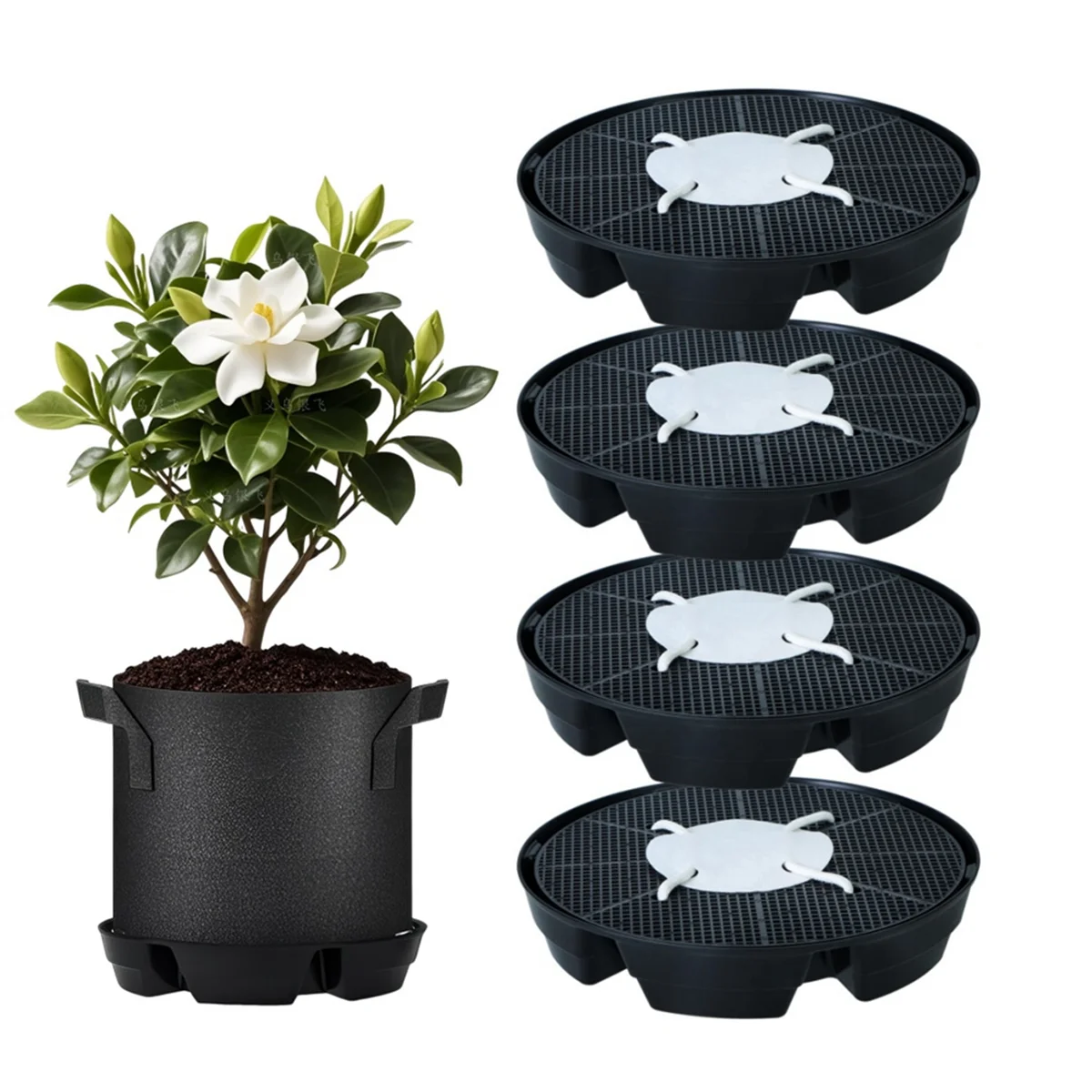 AT59 4Pcs Self-Watering Plant Saucers for Indoors,Plant Saucer Stand Auto Watering System Fabric Pot Base with 1pc Grow Bag