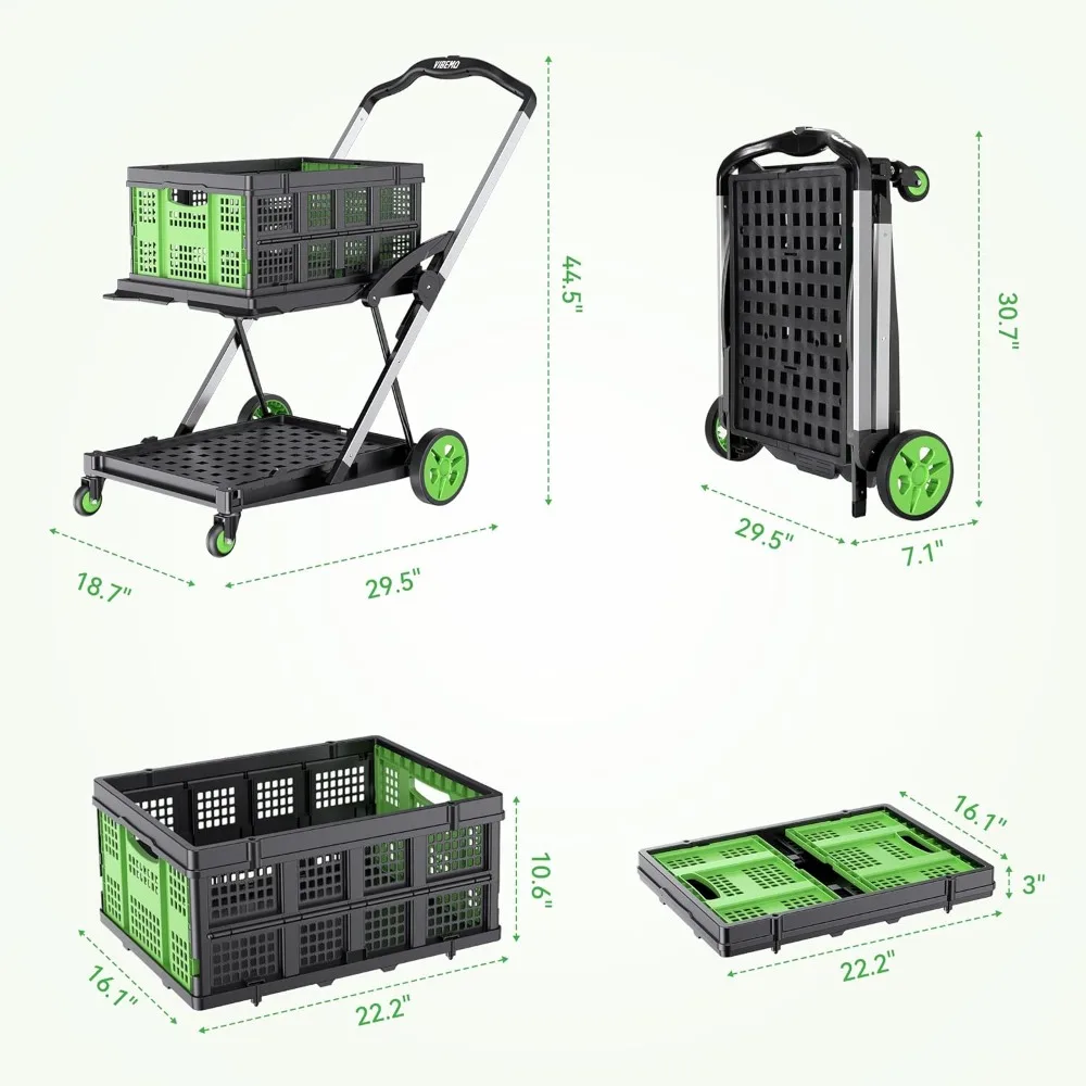 Foldable Shopping Cart, 6-in-1 200 lbs Multi Functional Collapsible Carts with 1 Storage Crates, 2-Tier Portable Utility Cart