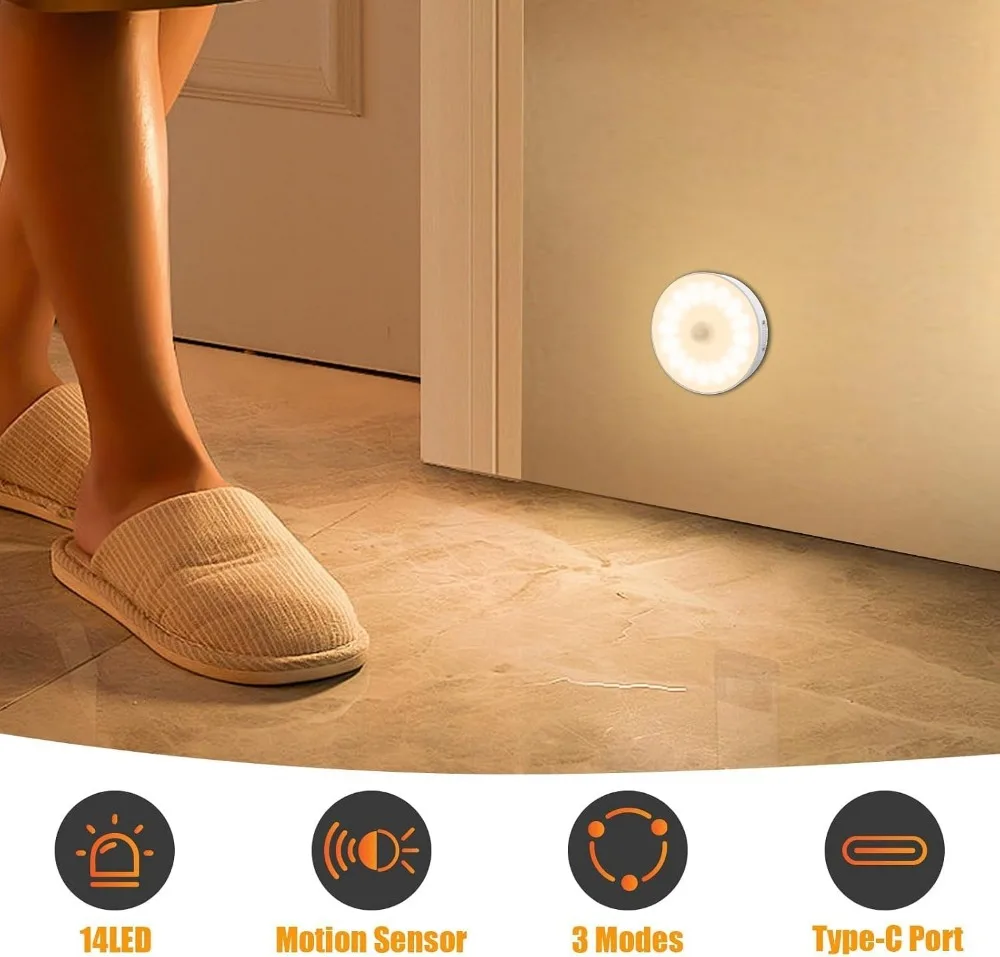 Upgraded 14 LED Motion Sensor Night Light, USB Rechargeable, 3 Modes, Magnetic, for Closet, Bedroom, Stairs