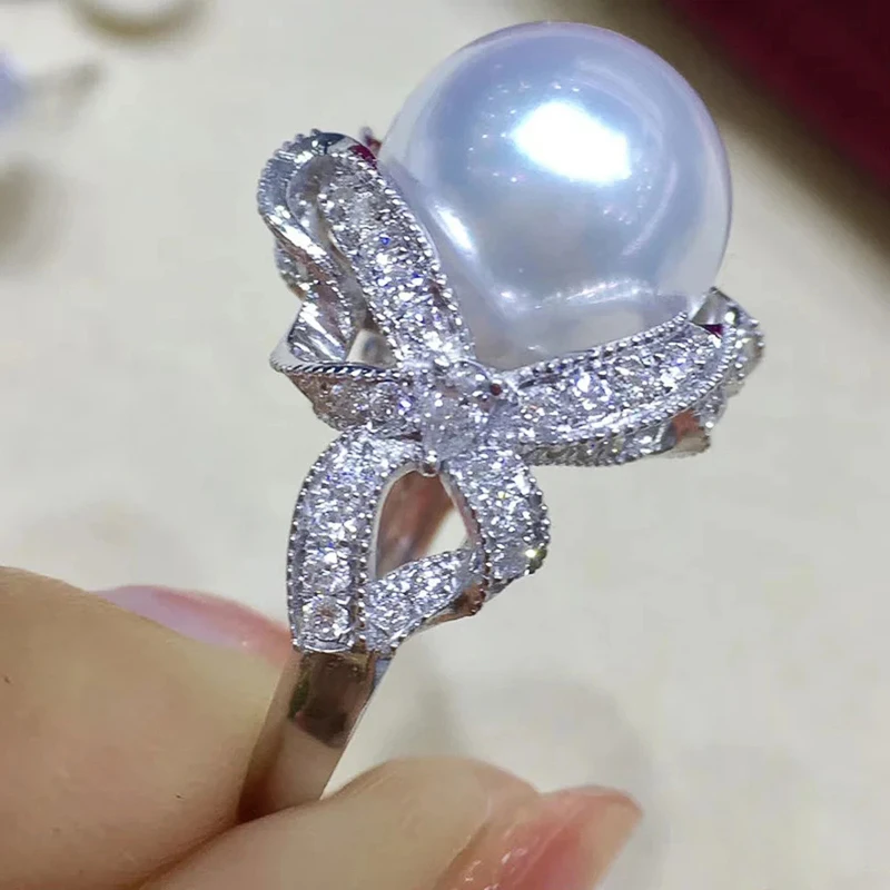 Huitan Gorgeous Aesthetic Simulated Pearl Ring Women Luxury Graceful Finger Jewelry for Wedding Party Shiny Zirconia Accessories