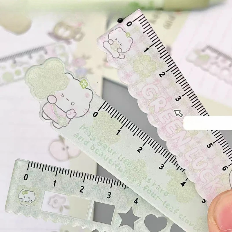5pcs/set 4-Leaf Clover Ruler Portable Multifunctional Straightedge for Students Ins Style Cartoon Kitten Drawing Measuring Tool