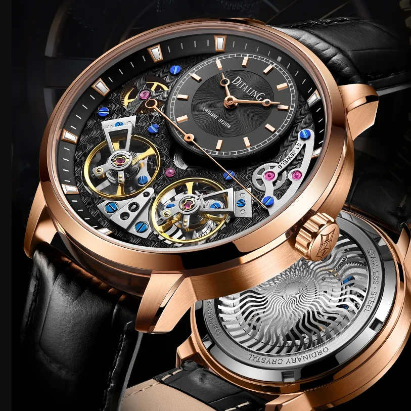 DITALING Men Automatic Watch 42mm Mechanical Wristwatch 50M Waterproof Sapphire Mirror Skeleton Dual Flyweehl Dial