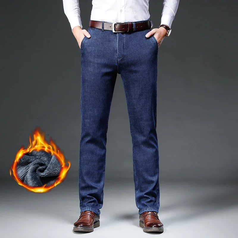 

Зимние толстые флисовые джинсы, мужские деловые мягкие модные теплые бархатные брендовые прямые брюки, повседневные плюшевые джинсовые брюки