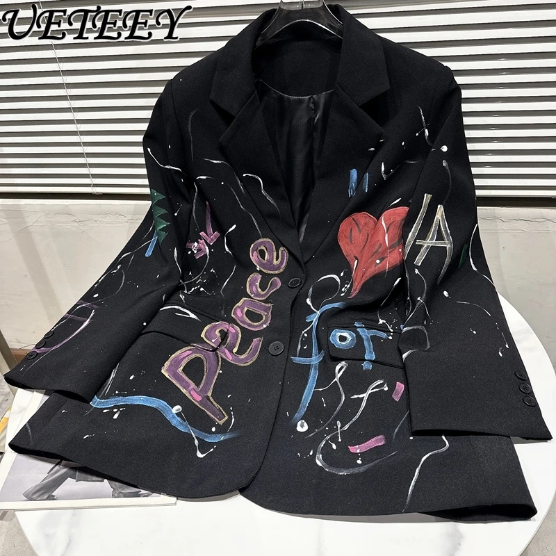 Black Loose Long Sleeve Suit Coat 2024 Spring New Niche Color Letter Graffiti Pattern Padded Shoulder Business Tailored Jacket