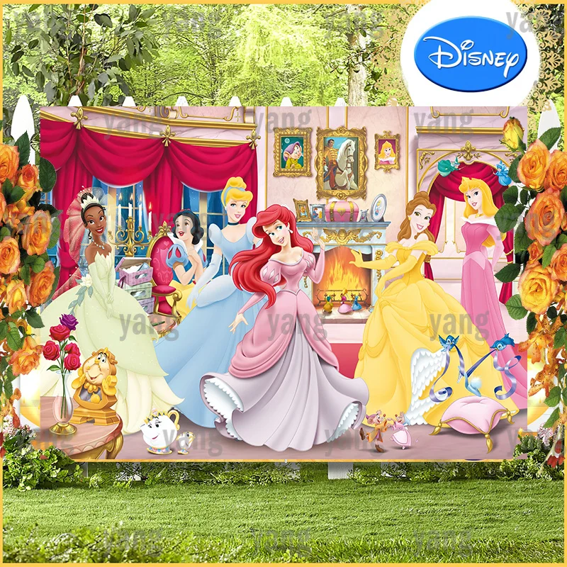 

Cute Disney Princes Snow White Cinderella Belle Aurora Ariel Tiana Happy Birthday Party Castle Backdrop Backgrounds Decoration