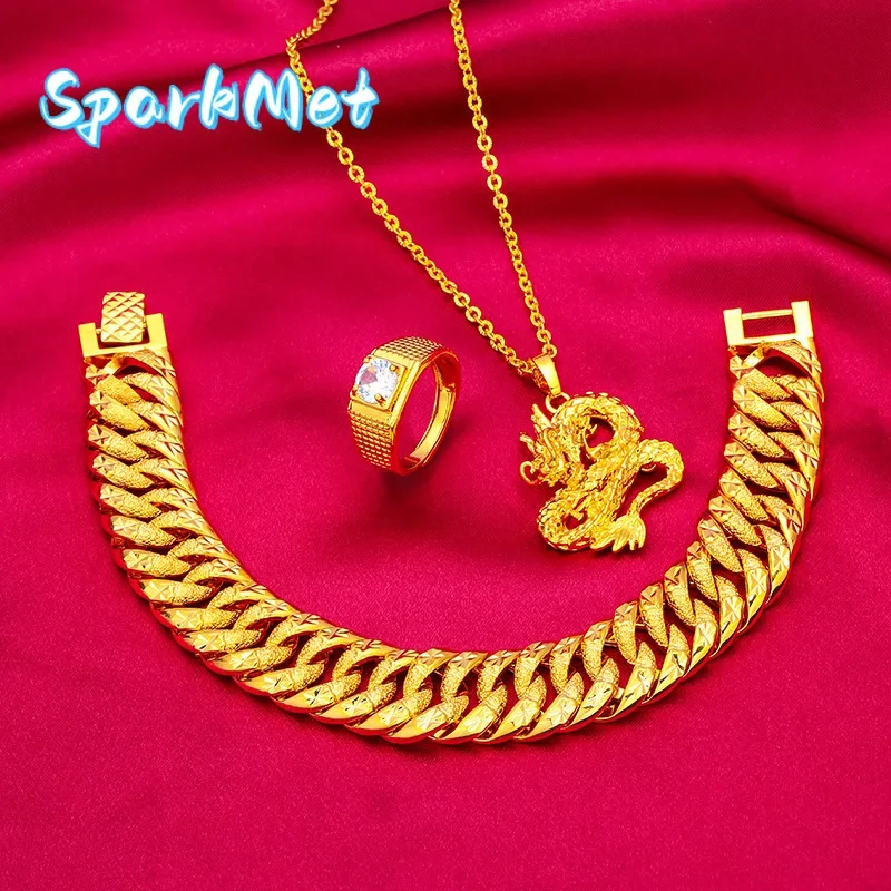 

Набор украшений SparkmetWide Edge: браслет, колье и кольцо для мужчин, 24-каратное золото, AU999, двусторонняя гравировка в виде звездной дорожки, вращающееся кольцо для мужчин.