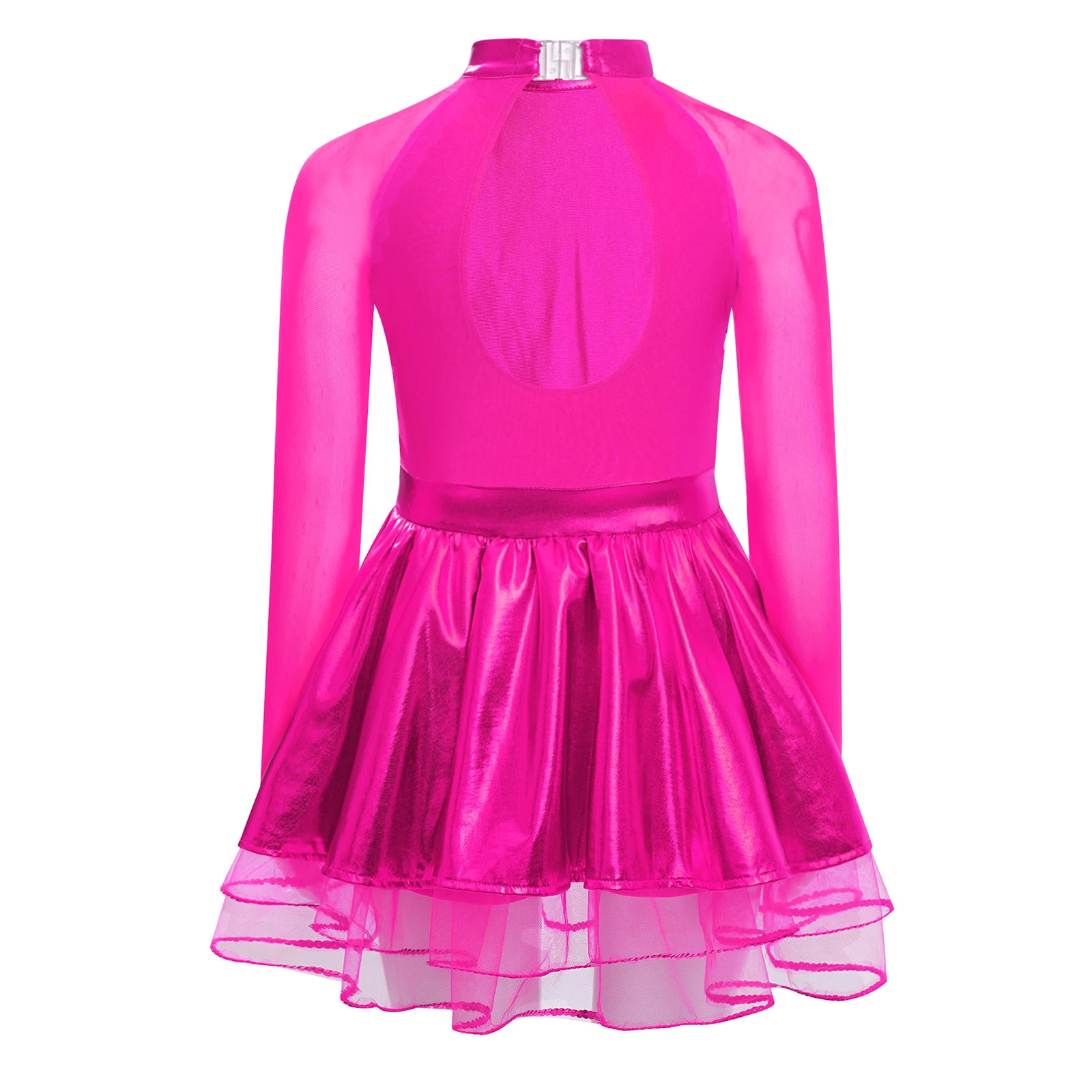 Kids Girls Gymnastics Skating Ballet Jazz Dance Performance Costume Leotards Dress Sequins Metallic Sheer Mesh Tutu Dresses