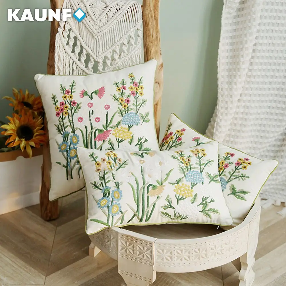 

KAUNFO Cotton Embroidered Flower Plant Cushion Cover Sofa Bed Throw Pillow Cases Home Decoration Gift 30x50/45x45cm