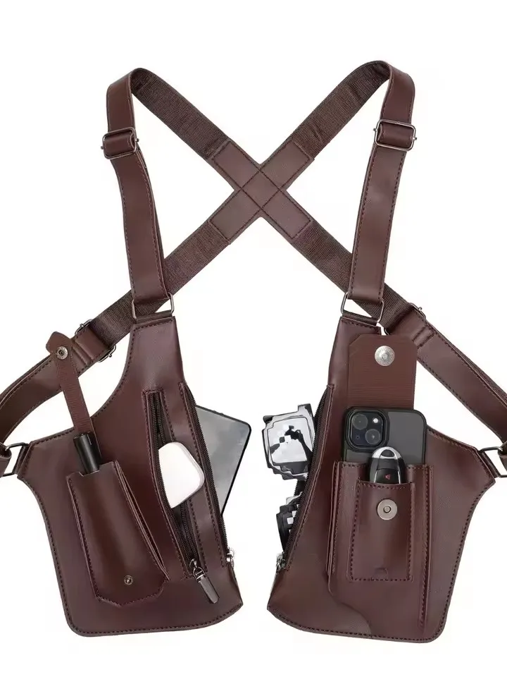 Retro Doppelschulterriemen Taktische Tasche Multi-Taschen Diebstahlsicher Wasserdicht PU Outdoor Reise Wandern Brusttasche für Männer Täglicher Gebrauch – Detail 2