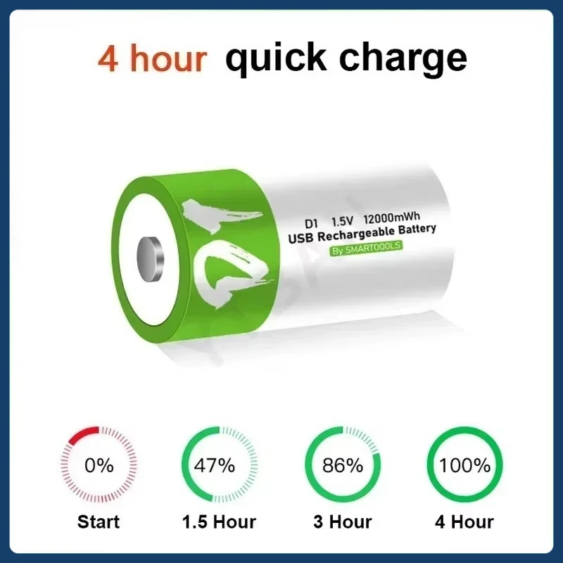 1.5V D Size 12000mWh LR20 Rechargeable Lithium Battery with Type-C Charging Cable for Flashlight, Gas Stove, Water Heater