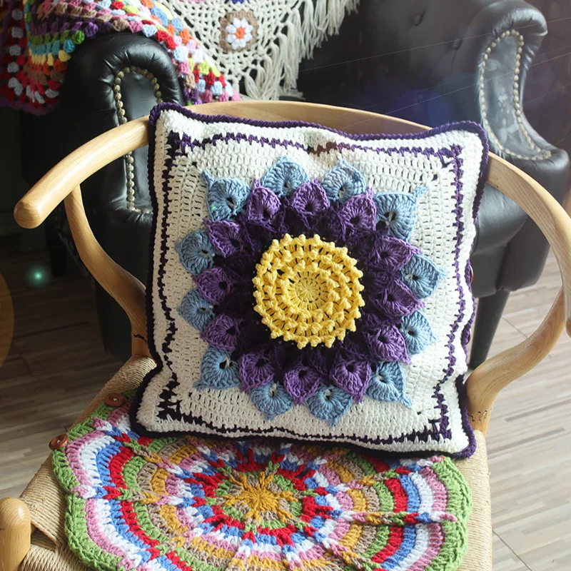 

40x40cm Handmade European Pastoral Style luxury Wool Pure Hand Crochet Milk Cotton Sunflower Cushion Back Waist Pillowcase