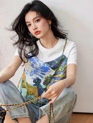 2024 Summer White Short Sleeve O-Neck Women Tops Fake Two Pieces Fashion Patchwork T shirt Irregular Casual Loose T-shirts