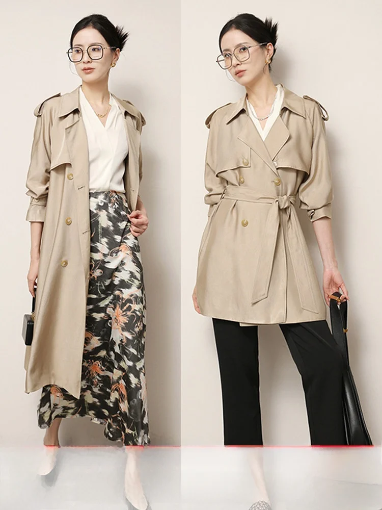 

XUS Pumen Khaki Acetate Double Breasted Loose Commuter Women's Windbreaker Coat Spring Autumn V Ne Long Sve Midi Length
