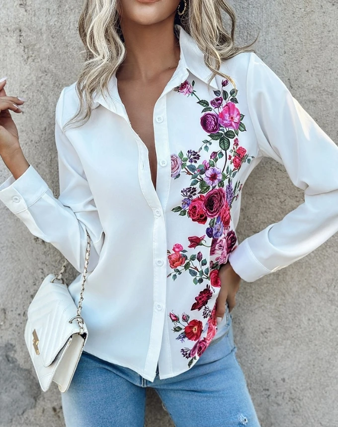 

Women's Blouses Colorblock Floral Print Long Sleevetop 2024 Spring/summer Latest Casual Turn Down Collar Button Vacation Shirt