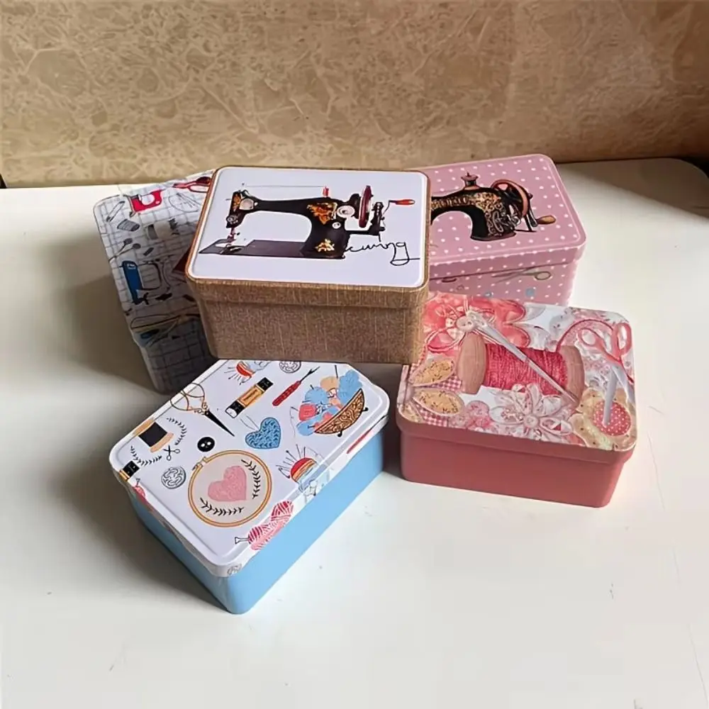 Rectangular Shape Sewing Storage Box Portable Organizer Smooth Metal Surface Thread Storage Box Printed Pattern
