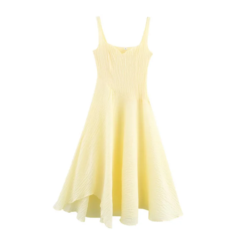 

2025New Summer European and American Style Sweet Elegance Texture Irregular Spaghetti-Strap Long Dress