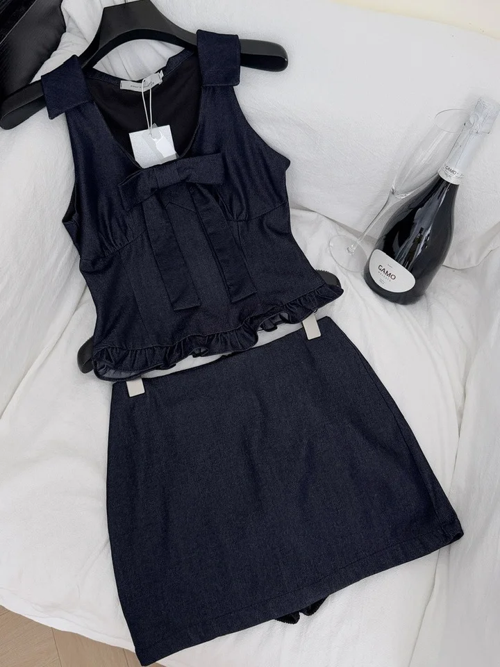 

Летний утягивающий топ с темно-синим бантом и юбка с высокой талией, женский модный комплект с защитой от освещения