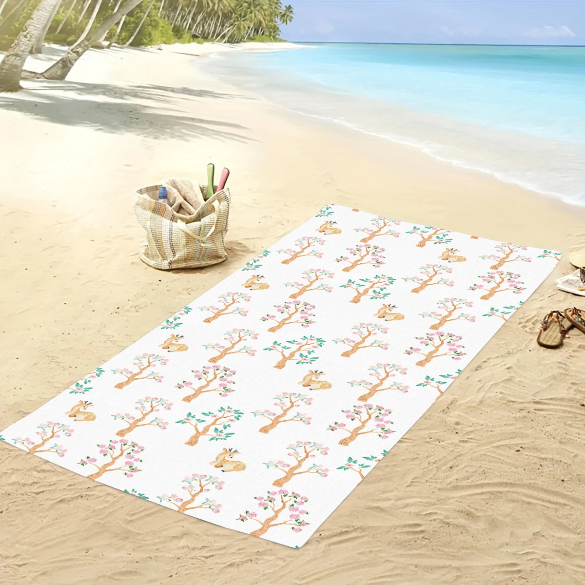 Large Quick-Dry Beach Towel Cartoon Flora and Fauna Print Rectangular Towel Beach Blanket Suitable for Travel Swimming Polyester