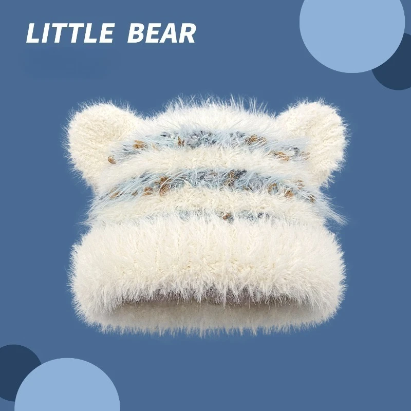 لطيف الدب الصغير الأذن مخطط مختلط اللون بلوفر مغزول القبعات للنساء الخريف والشتاء سميكة الدافئة Skullies Beanies