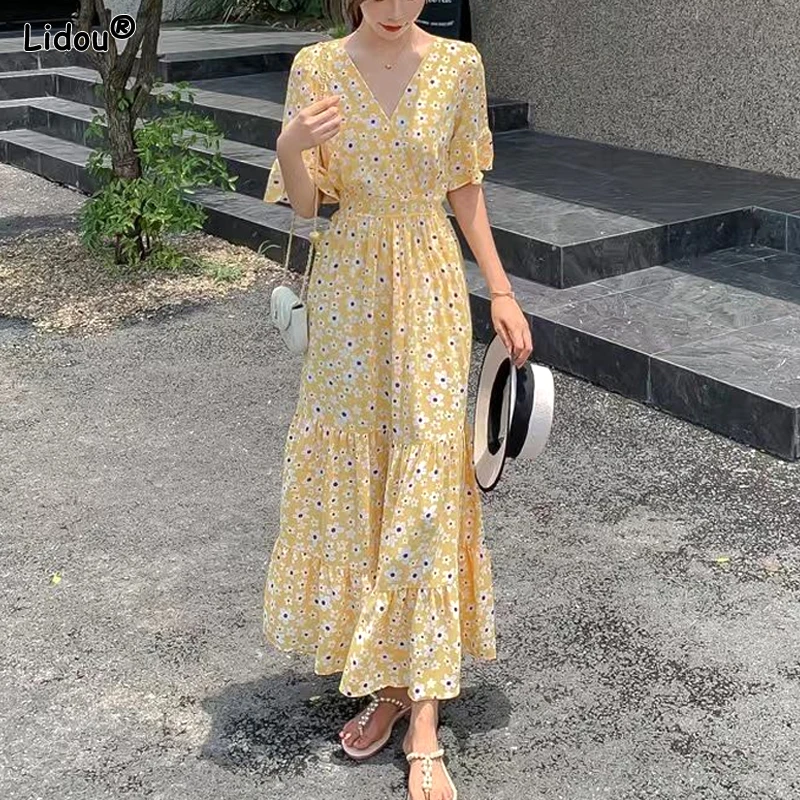 

Long Skirts V-neck Elegant Casual Summer Thin Dresses Skinny Short Sleeve Printing Floral Fashion New Sweet Women's Clothing