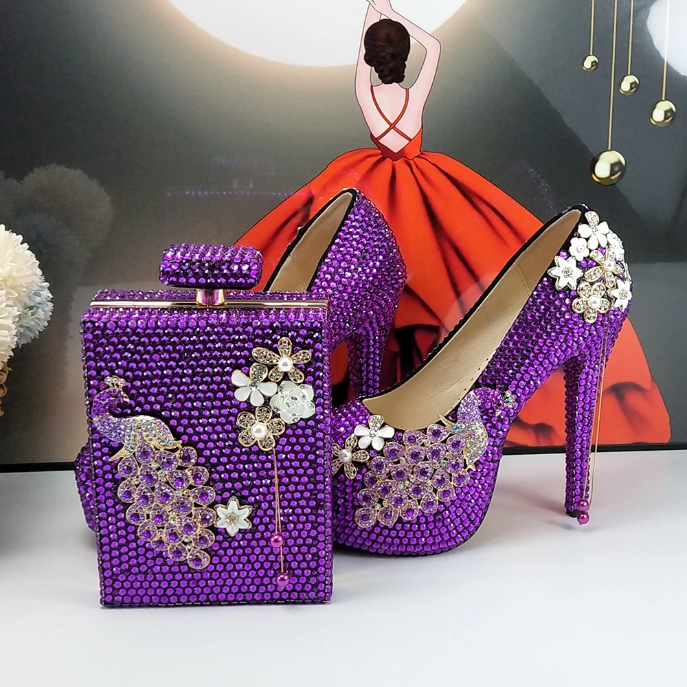 Purple Crystal Bridal Wedding shoes and bag Woman Thin Heel High Pumps Party Evening shoes Shallow Platform shoes