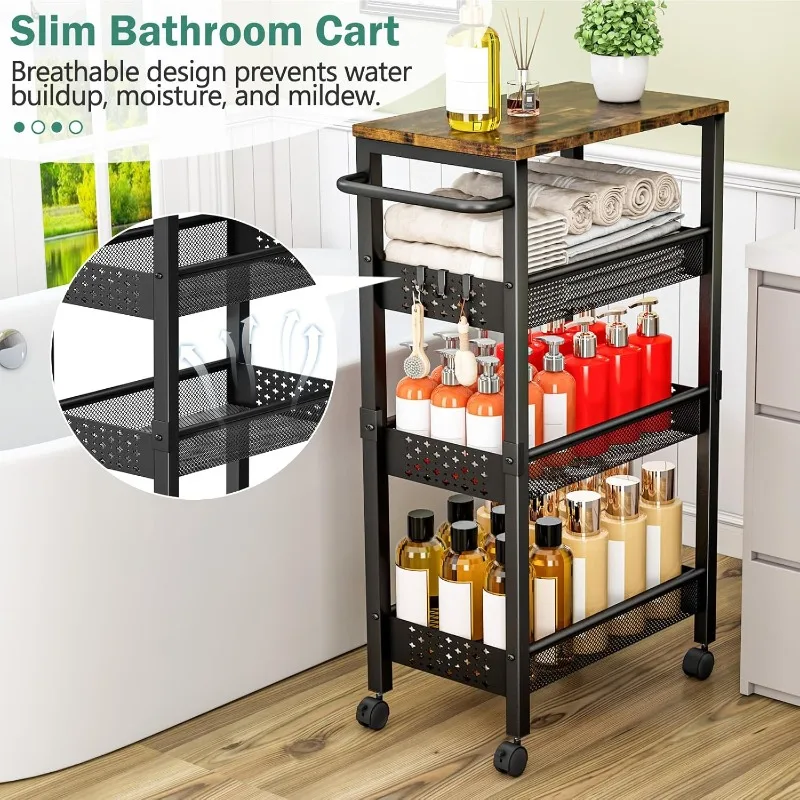 

Utility Slim Storage Cart with Wheels, 4-Tier Narrow Rolling Organizer Shelf, Metal Storage Rack and Space-Saving Organizer