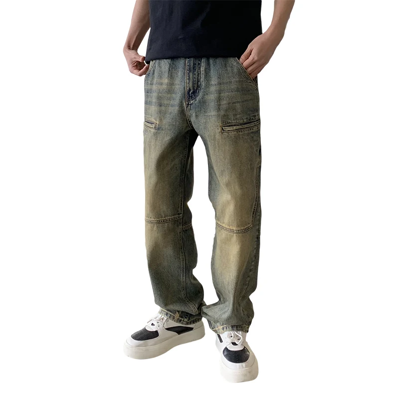 American Retro Yellow Mud Dyed Jeans Men's 2024 Fashionable Nostalgic New Ruan Handsome Slim Straight Mop Trousers