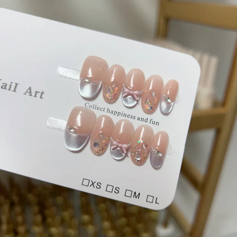 10 Stück handgemachte französische ovale Nägel zum Aufdrücken, glänzende Katzenaugen-Strasssteine, 3D-Schleifen-Design, niedlich, süß, künstliche Nägel, tragbare Nägel, Tipps, Kunst