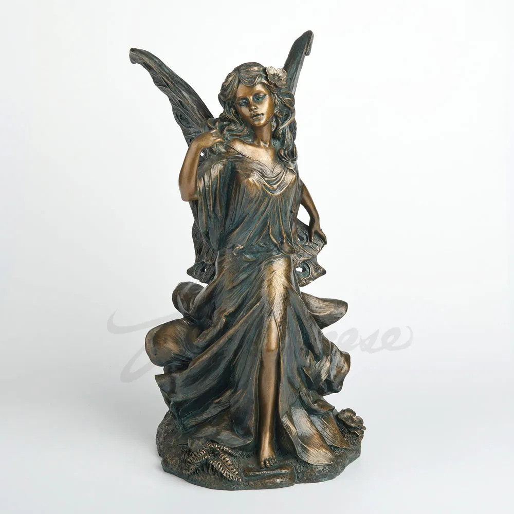 Antique Bronze Patina Angel Figurine Long Flowing Dress Winged Fairy Resin Statue Elegant Lady Sculpture Home Decor Art Ornament