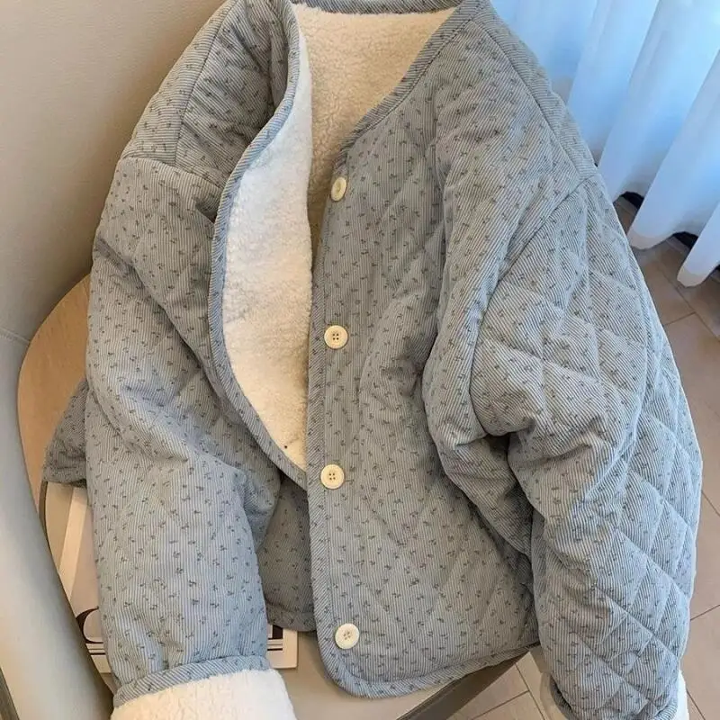 

Women's Coat winter autumn Jacket Outerwear Warm Fleece Lined Corduroy Korean Round Neck Floral Loose Long Sleeve Quilted Coat
