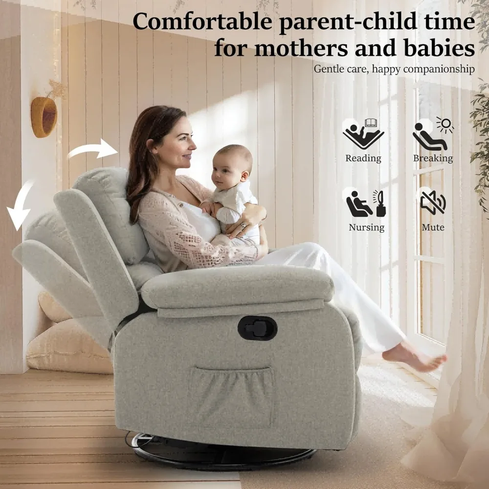 Recliner Chair, 360 Swivel Rocker Chair for Adults, Small Rocking Recliner Chair for Small Spaces, Upholstered Fabric Glider Rec image 3