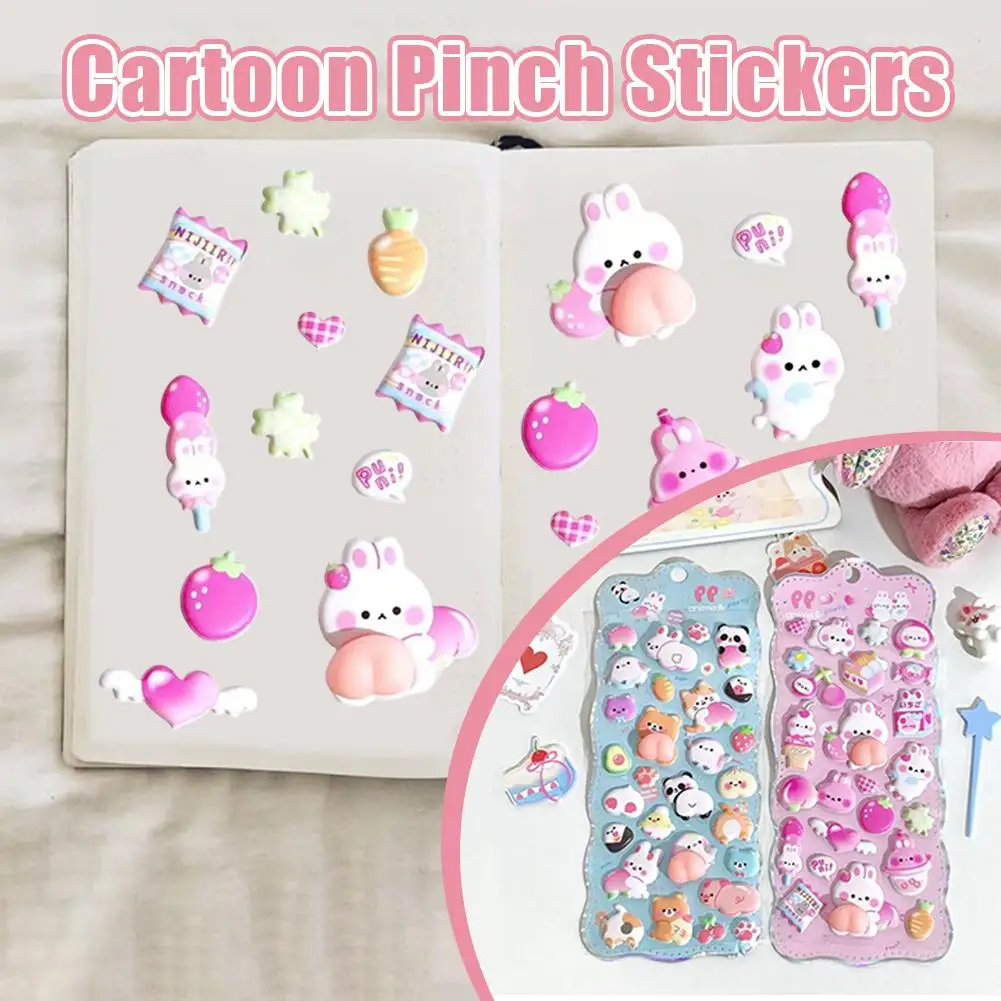 Cute 3D Bunny Stickers Soft Cute Butt Sticker Pinch Music 3D Children's Cartoon Animal Decompression Decoration DIY Sticker