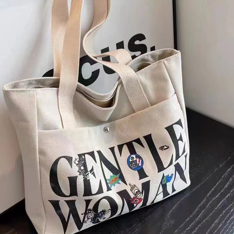 Letter Canvas Shoulder Bag for Women Big Shopper Tote Bags with Zipper Female Handbag