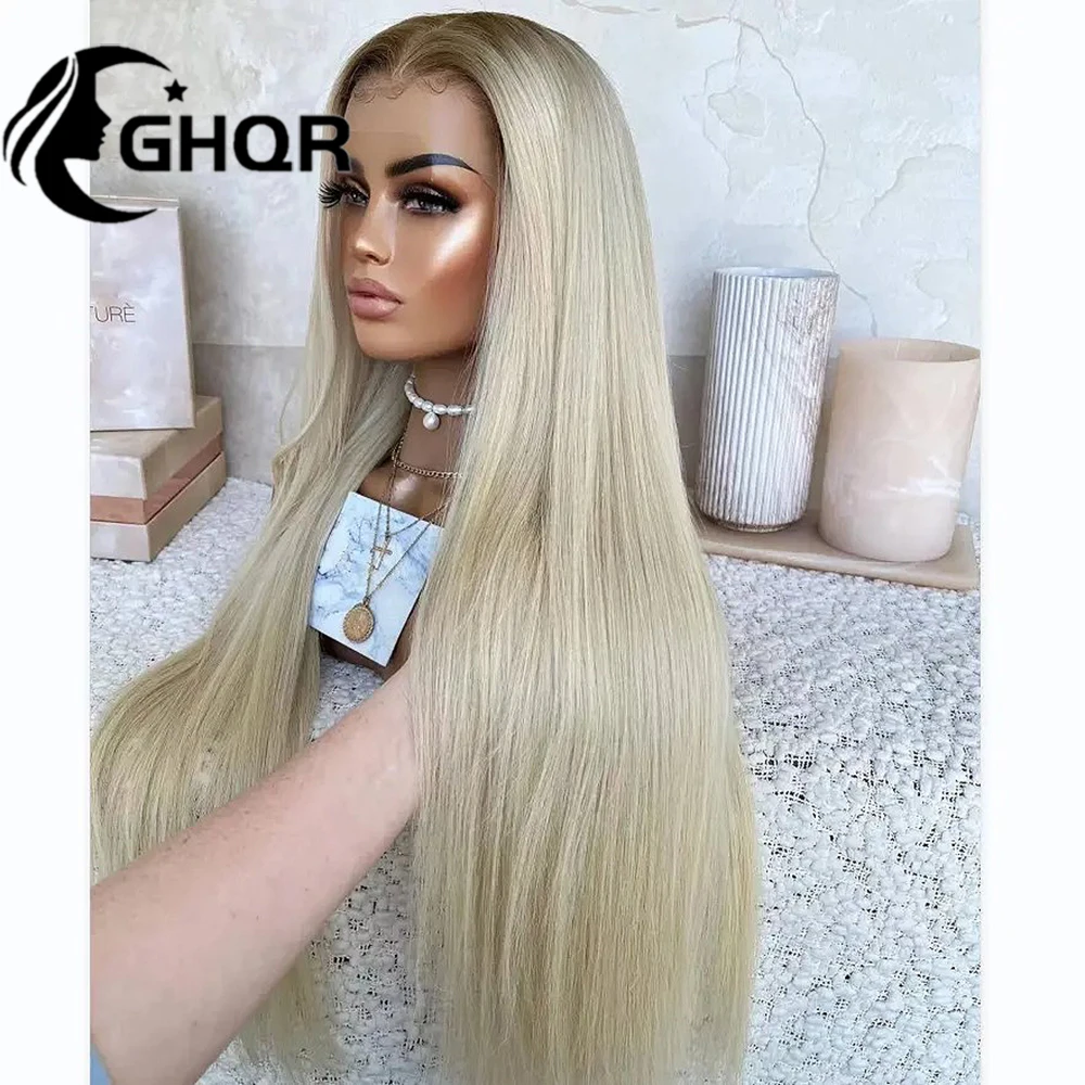 Platinum Blonde Straight Lace Front Full lace Wig Brown Roots HD Transparent Lace Forntal Wig Brazilian Virgin Human Hair Wigs