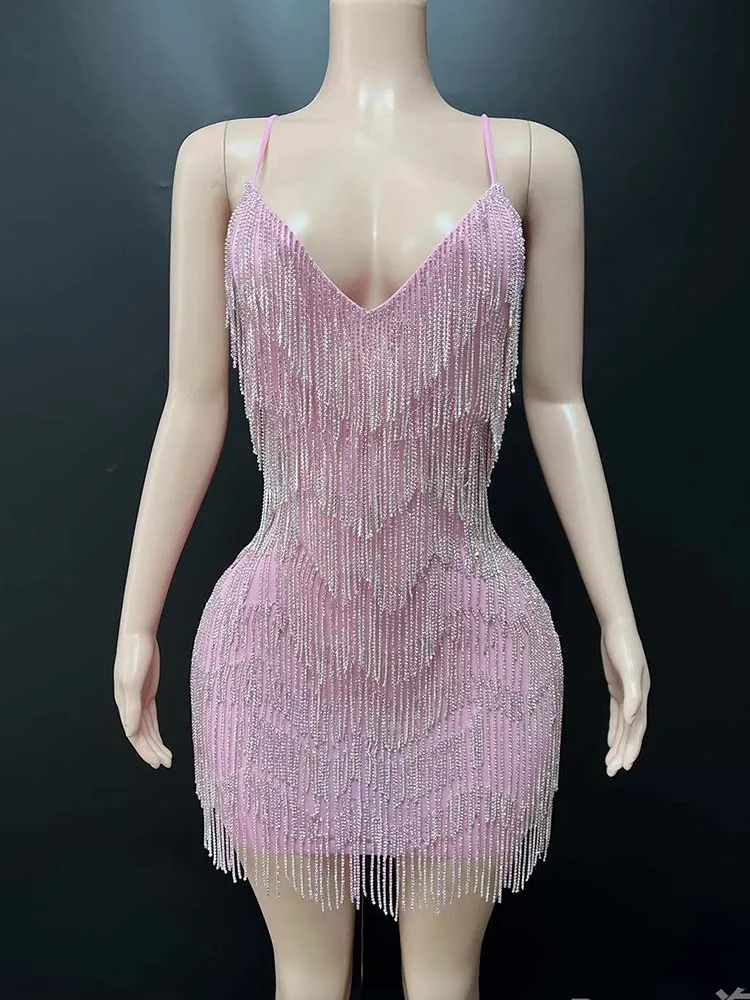 High Quality Rhinestone Layered Tassel Sexy Bare Back Suspender Dress 2025 New Fashion Custom Women'S Clothing