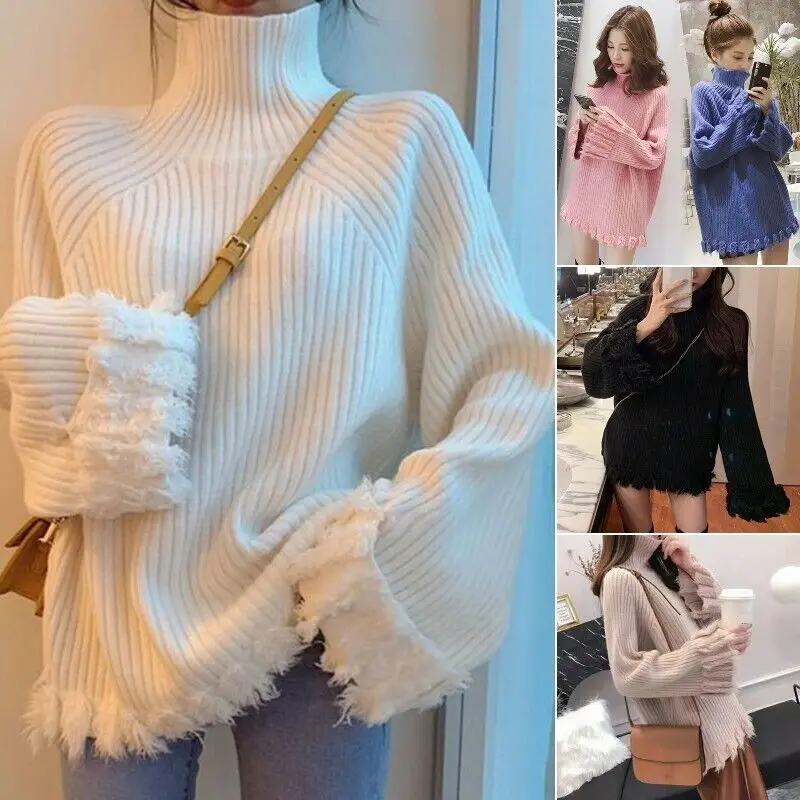 New High Collar Fringed Sweater Women Autumn Winter Korean Style Loose Fashion Thickened Coat Pullover Sweater Trumpet Sleeves