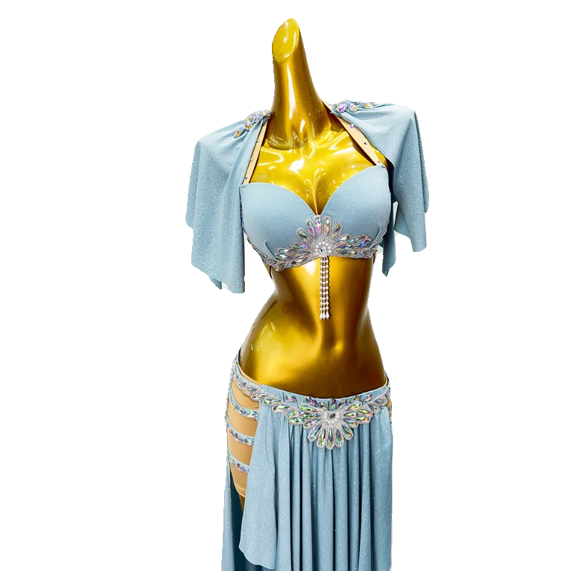 Abito da pratica personalizzato per danza del ventre Abito da pratica Haze Blue Costumi di danza orientale Set di abiti da spettacolo Gonna reggiseno femminile