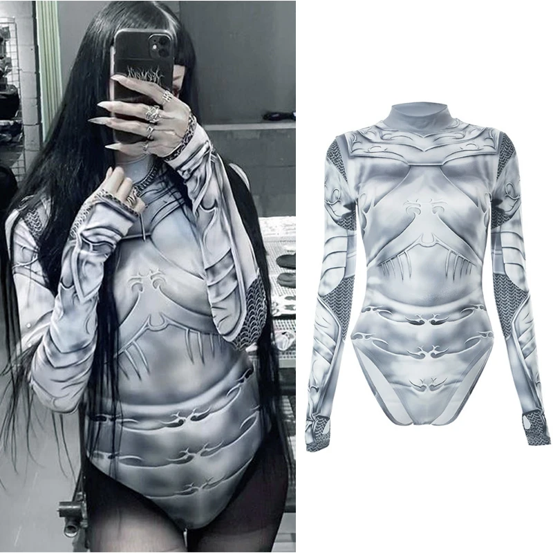 

New Gothic Techwear Printed Bodysuits for Women Bodysuits Punk Long Sleeve T-shirts Sexy Bodycon Grunge Streetwear Jumpsuits