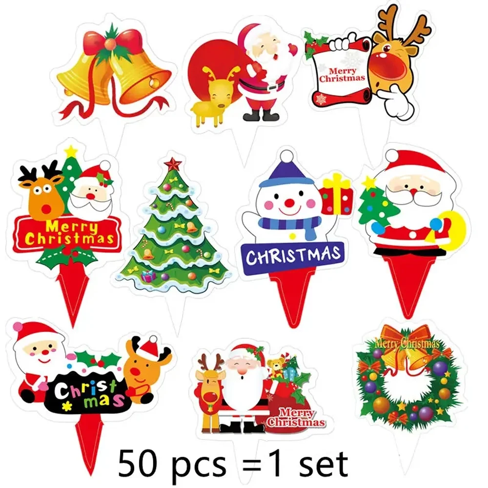 50 Pcs Merry Christmas Cake Topper Santa Claus Elk DIY  Kids Christmas Party Cupcake Topper Family Xmas Gifts Dessert Decoration