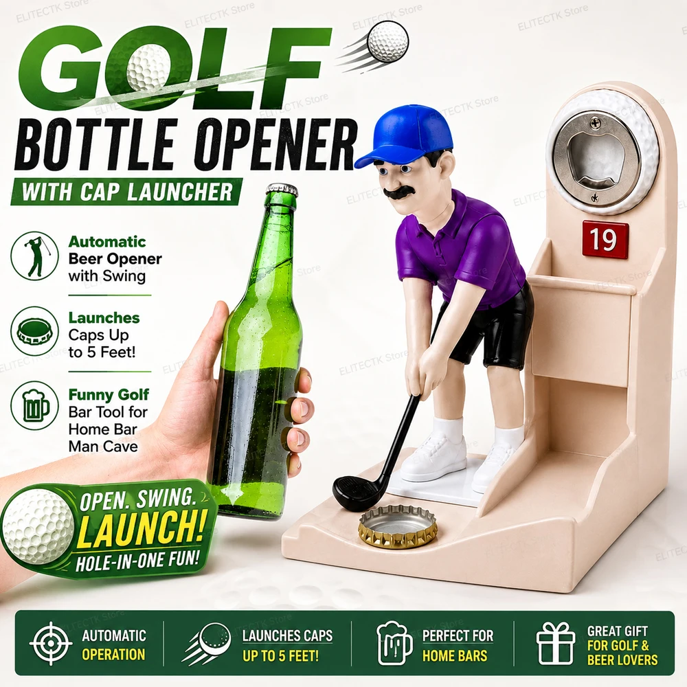 Golf Bottle Opener with Cap Launcher Automatic Beer Cap Shooter Golf Swing Game Bar Tool for Home Bar Man Cave Gifts Men