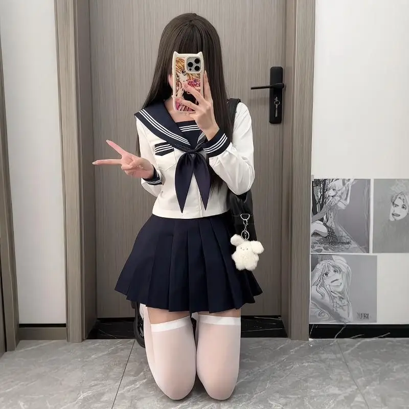 Preppy Style JK-Uniform-Set, weißes Design mit drei Streifen, marineblauer Rock, japanisch inspiriertes Basic-Campus-Outfit für Mädchen
